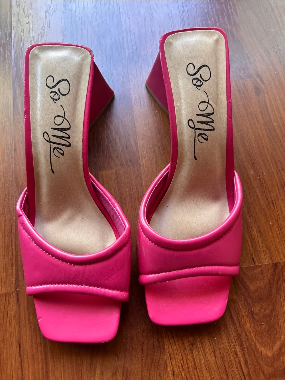 So Me Pink Square Toe Block Heel Slide Mules